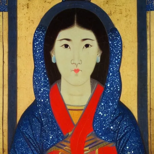 Image similar to portrait of asian looking girl in iconography style andrei rublev glitter