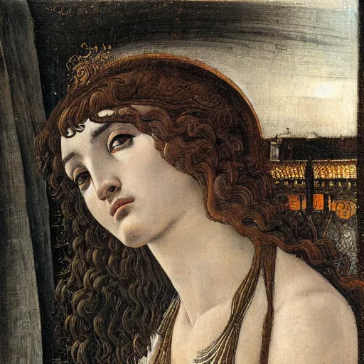 Prompt: intricate, lonely woman in street, detailed, by sandro botticelli, gaston bussiere, h. r. giger, masterpiece, sharp focus,