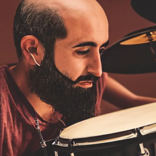 Image similar to bald arab guy with a beard playing on a professional drum kit, extremely detailed, realistic, soft lighting