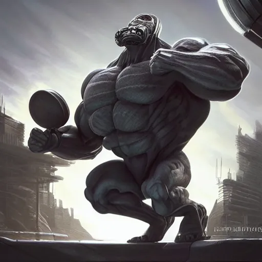 Prompt: Bodybuilding Minion from the Minion Movie in a Starcitizen loading screen, muscular, intricate, dystopian, fantasy, extremely detailed, digital painting, artstation, concept art, smooth, sharp focus, illustration, stark lighting, incredible art by artgerm and greg rutkowski and alphonse mucha and simon stalenhag