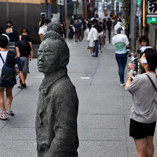 Image similar to everyone on the streets of japan suddenly turned into stone statues, the situation was eerie and silent