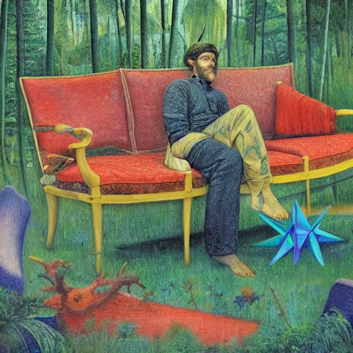 Image similar to psychedelic couch sofa in the lush pine forest, milky way, moose antlers, designed by arnold bocklin, jules bastien - lepage, tarsila do amaral, wayne barlowe and gustave baumann, cheval michael, trending on artstation, star, sharp focus, colorful refracted sparkles and lines, soft light, 8 k 4 k