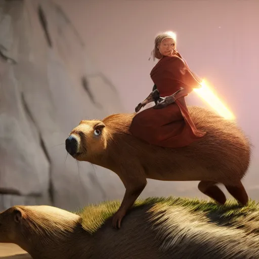 Image similar to female jedi riding a giant capybara into battle unreal 5, hyperrealistic, realistic, photorealistic, dynamic lighting