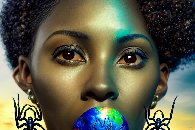 Prompt: realistic detailed closeup portrait movie shot of a beautiful black woman with a giant spider, dystopian city landscape background by denis villeneuve, amano, yves tanguy, alphonse mucha, max ernst, ernst haeckel, kehinde wiley, caravaggio, roger dean, cyber necklace, rich moody colours, sci fi patterns, wide angle