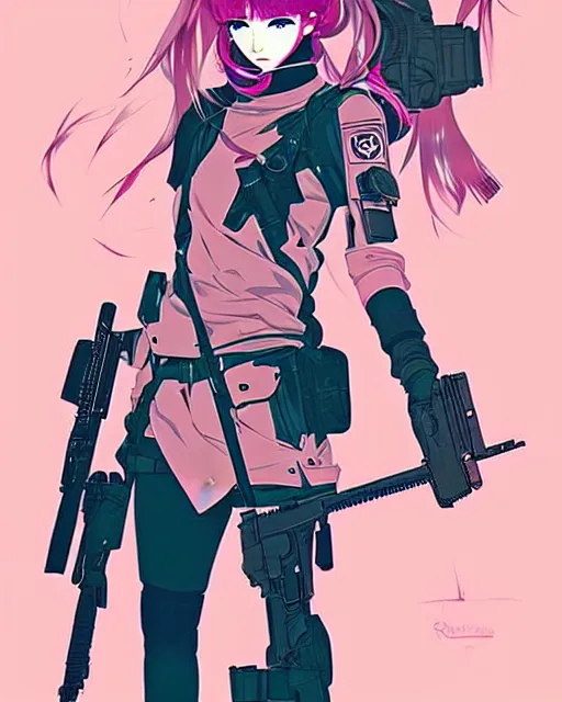 Image similar to girl with tactical gear, very anime!!! anime!! intricate details, aesthetically pleasing pastel colors, poster background, aesthetic details, art by conrad roset and ilya kuvshinov