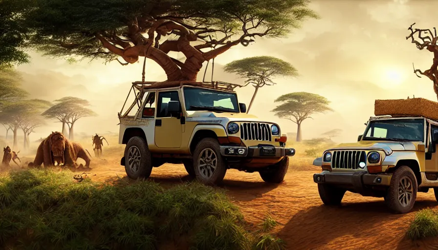 Image similar to mahindra thar driving through madagascar with baobabs trees, tribe members chasing for an attach, action scene, an epic fantasy, artgerm and greg rutkowski and alphonse mucha, an epic fantasy, volumetric light, detailed, establishing shot, an epic fantasy, cinematic, photorealistic, ultrarealistic, trending on art station, octane render, midsommar