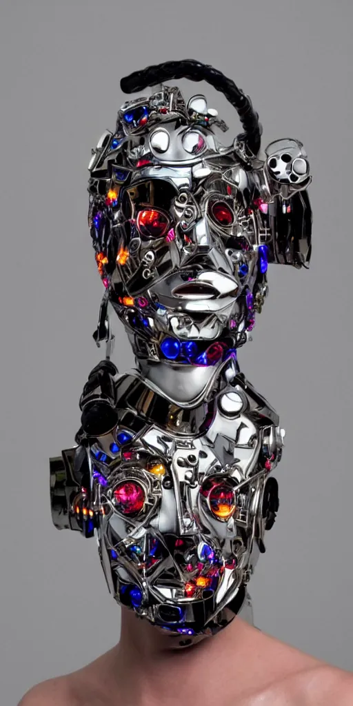 Prompt: a beautiful cyborg made of 90s uk rave culture ceremonial maske