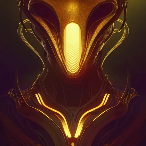 Image similar to alien, sci fi, glowing eyes, volumetric lights, gold theme, art nouveau botanicals, intricate, highly detailed, digital painting, artstation, concept art, smooth, sharp focus, cinematic, illustration, beautiful face, art by artgerm and greg rutkowski and alphonse mucha