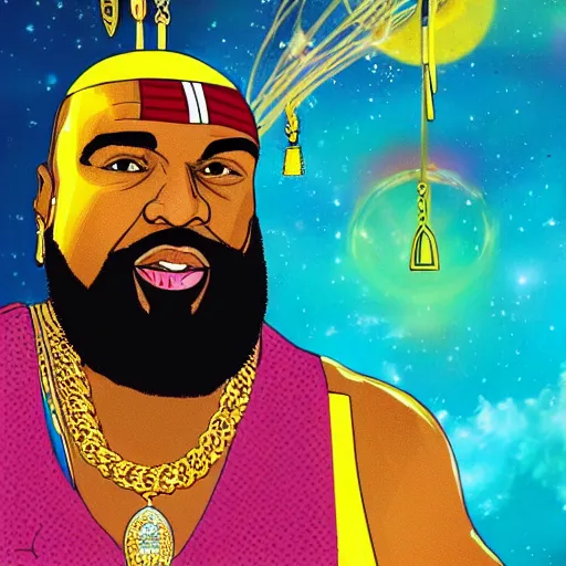 Image similar to Mr. T is the president of the universe, wearing gold chains and feather earrings, watching over everything in his power from the bridge of his gold spaceship, hyper color