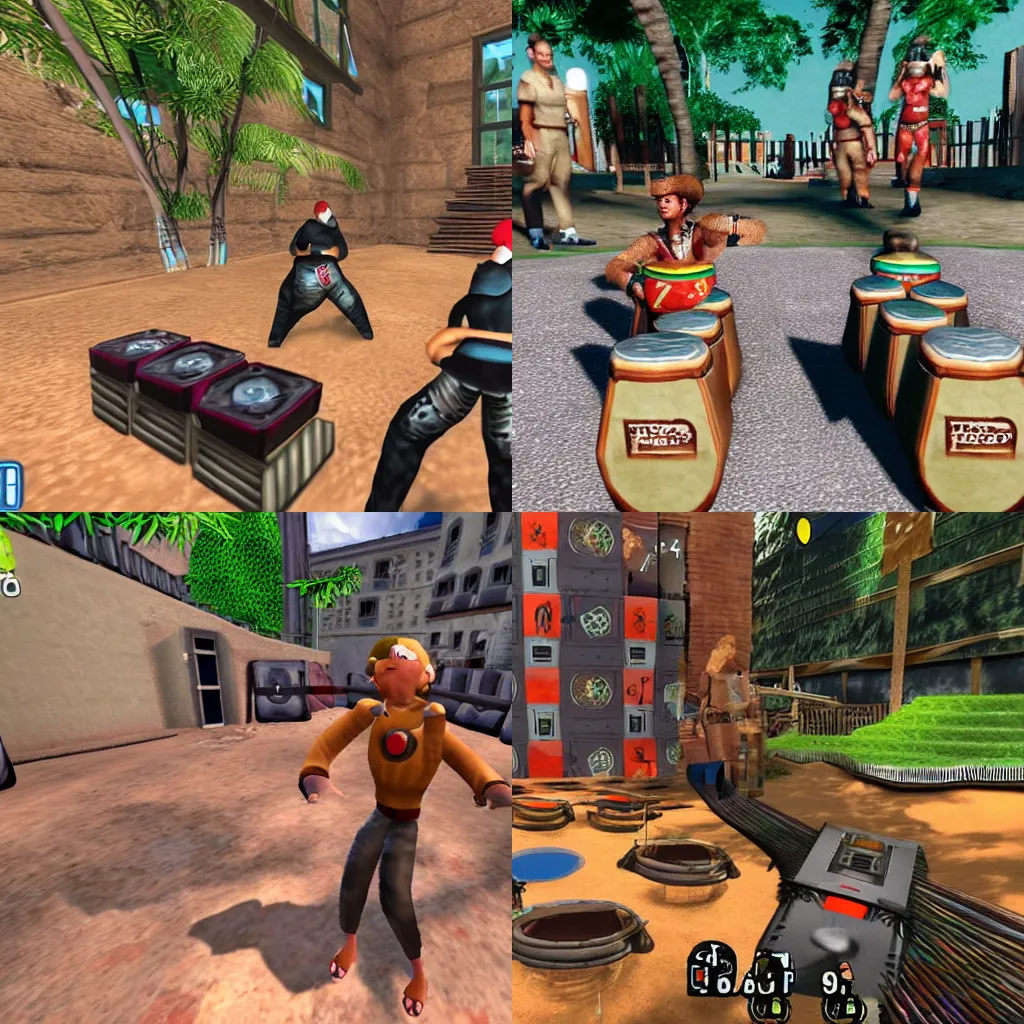 Prompt: a first person shooter video game on PS1. Playing Bongo Drums POV