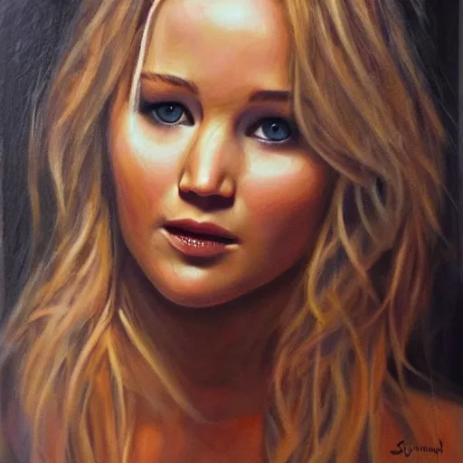 Image similar to beautiful oil in canvas of jennifer lawrence, very detailed face, symetry!!