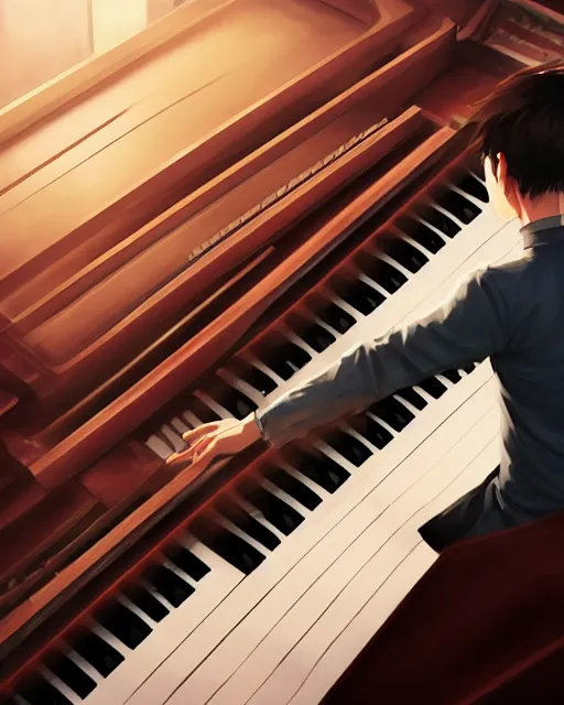 Prompt: a man fused with a piano instrument machine, detailed, cell shaded, 4 k, warm colours, concept art, by wlop, ilya kuvshinov, artgerm, krenz cushart, greg rutkowski, pixiv. cinematic dramatic atmosphere, sharp focus, volumetric lighting, cinematic lighting, studio quality