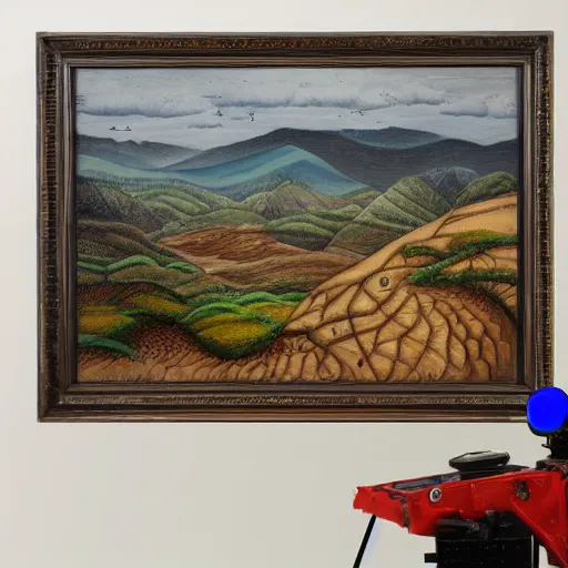 Image similar to a landscape painting of hills covered in robotic ants, painting, highly detailed