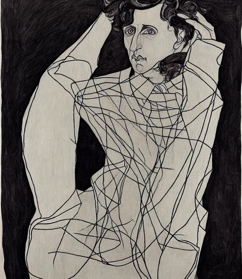 Image similar to elegant line art portrait of frederic chopin. inspired by egon schiele. contour lines, musicality, twirls and curves, strong personality