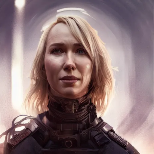 Image similar to naomi watts portrait, dystopia core, apocalyptic, armor, warrior, dramatic, sharp focus, fiction, neon, fantasy, hyper detailed, digital art, trending in artstation, cinematic lighting, studio quality, smooth render, unreal engine 5 rendered, octane rendered, art style and nixeu and wlop and krenz cushart