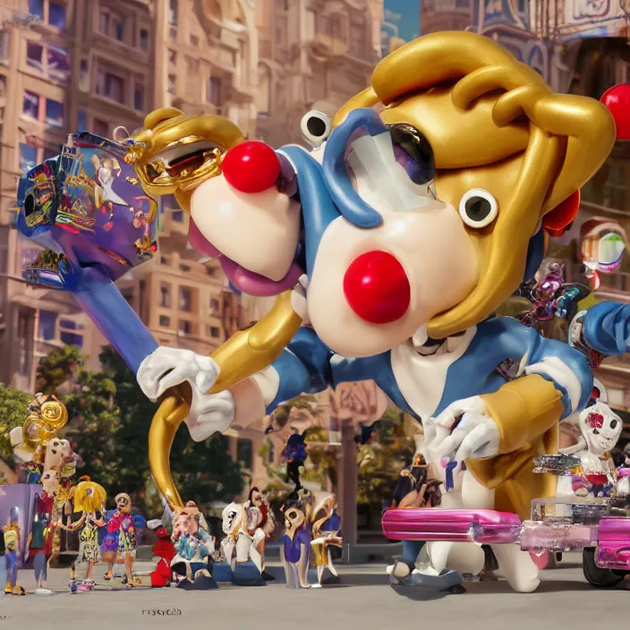 Image similar to jeff koons hip hop bauhaus style street sharks sailor moon wearing diamond grillz and a ton of bussdown iced gold bling in wallace & gromit strata - cut claymation, ultra realistic, concept art, intricate details, serious, highly detailed, photorealistic, octane render, 8 k, unreal engine, art by todd mcfarlane