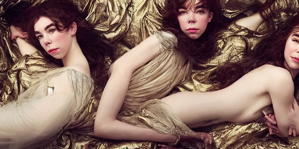 Prompt: stunning photo of dark - haired goddesses vanessa kirby, hailee steinfeld, and bjork smiling, laying back on pillows, with wet faces, wet lips, perfect eyes, insanely detailed, elegant, by mucha, wlop, rutkowski, livia prima