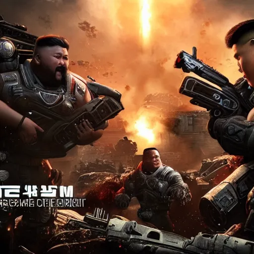 Image similar to kim - jong un in gears of war, splash art, movie still, detailed face, cinematic lighting, dramatic, octane render, long lens, shallow depth of field, bokeh, anamorphic lens flare, 8 k, hyper detailed, 3 5 mm film grain