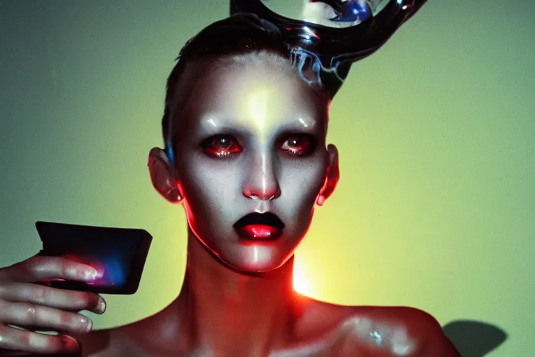 Prompt: handsome alien woman using a computer submerged in translucent goo, in 1 9 8 5, y 2 k cybercore, industrial low - light photography, in the style of tyler mitchell