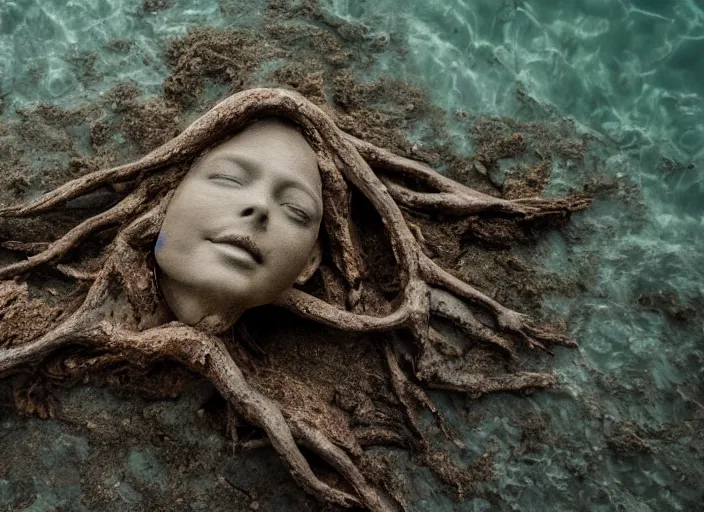 Image similar to dslr esculpture made from roots interwovem in the shape of a woman in the bottom of the sea, 8 5 mm f 1. 8