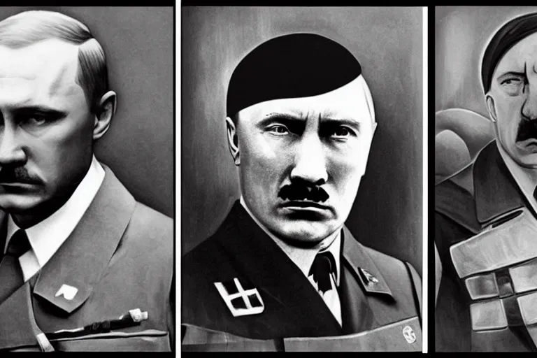 Prompt: vladimir putin as adolf hitler, hyper realism, world war 2, black and white still photos