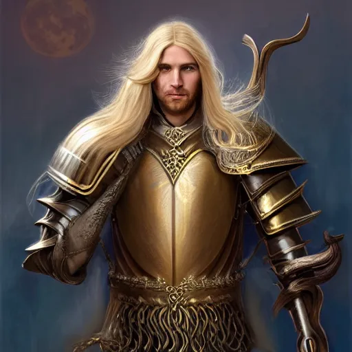 Image similar to Portrait of a beautiful male cleric with long flowing blonde hair wearing burnished bronze armour emblazoned with a swan on the breastplate. Wielding a magical scimitar embossed with the phases of the moon. Magic, bright divine lighting, flux. High fantasy, digital painting, HD, 4k, detailed by Ruan Jia