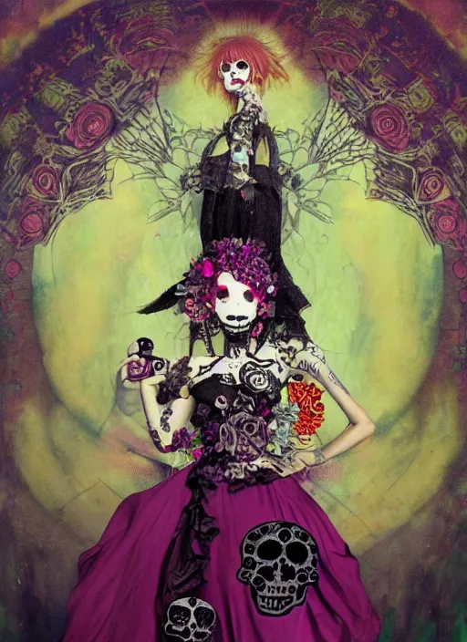 Prompt: cute punk goth fashion fractal Día de los Muertos tattoed girl posing by Zhang Jingna, poster art by Hannah Höch Victor Moscoso Dan Mumford Kilian Eng Hannah Jeffrey Smith Rick Griffin Alphonse Mucha Gustav Klimt Ayami Kojima Amano Charlie Bowater, violet and black