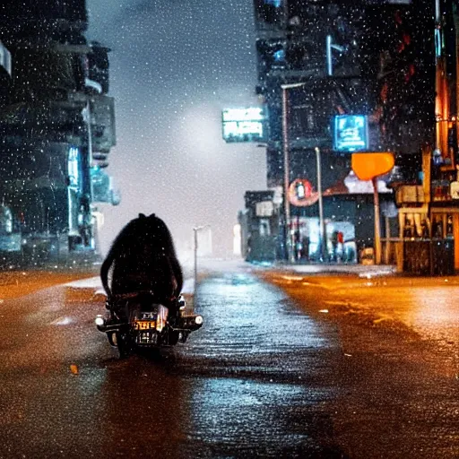 Image similar to a gorilla is riding a motor cycle in a cyberpunk city, shot from far away, during night, raining, many puddles on the street