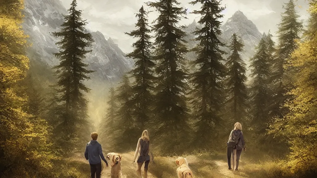 Image similar to “ one man, one women, one young boy, one golden retriever, walk on a trail in forest, mountains in the background, highly detailed, 4 k, by charlie bowater, by greg rutkowski ”