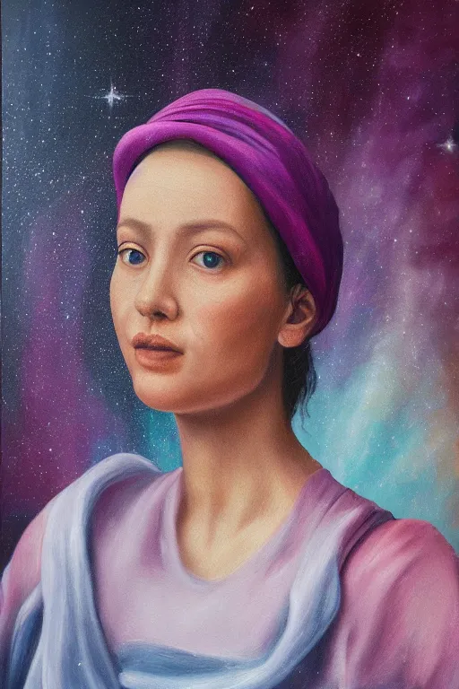 Prompt: hyperrealism oil painting, close - up portrait of fabric worker woman model, gradient mixed with nebula sky, in style of baroque