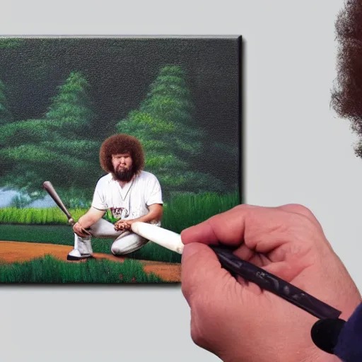 Image similar to a closeup photorealistic photograph of bob ross crafting an image of kenny powers autographing a baseball, painting on a canvas. mountains and trees. film still. brightly lit scene. this 4 k hd image is trending on artstation, featured on behance, well - rendered, extra crisp, features intricate detail, epic composition and the style of unreal engine.