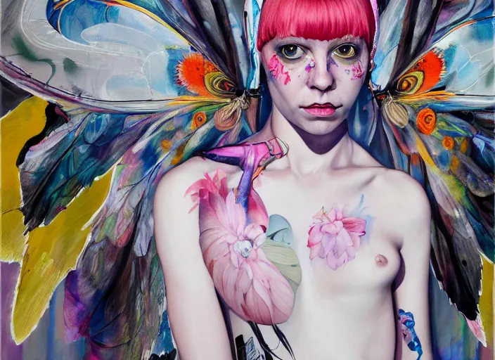 Prompt: a painting by martine johanna of a fairy with big wings wearing a hoodie standing in a township street in the style of jenny saville, street fashion outfit, haute couture fashion shoot, full figure painting by david choe and jeremy mann, decorative flowers, 2 4 mm, die antwoord yolandi visser