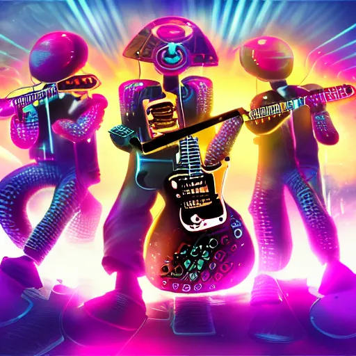 Prompt: album art, rockband with 3 steampunk robots playing guitar and drums, the letters robos rock, 8 k, flourescent colors, halluzinogenic, multicolored, insanely integrate, front shot, 3 d render, octane