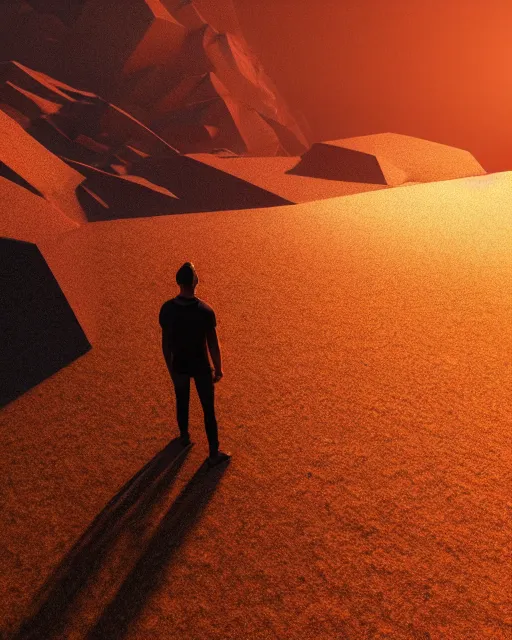 Image similar to a man standing in the middle of a mountain with a glowy triangle, a render by filip hodas, behance contest winner, environmental art, rendered in cinema 4 d, volumetric lighting