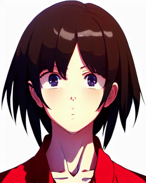 Image similar to makoto shinkai, artgerm, ilya kuvshinov, beautiful anime women with red shirt brown pants, black and red hair, wind powers symmetrical face, symmetrical eyes, detailed, field setting, cinematic lighting