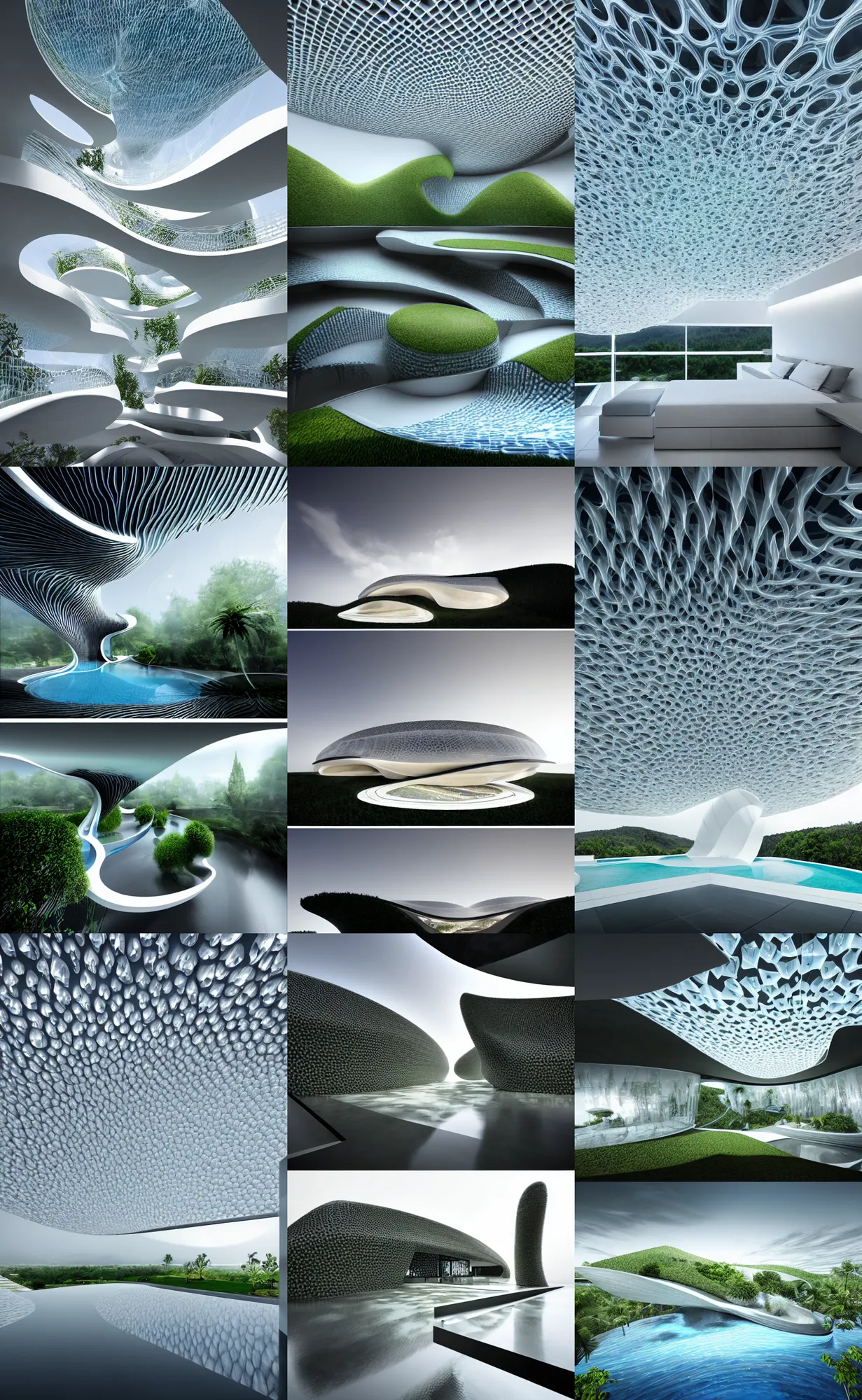 Image similar to villa parametric architecture fluid design, vincent callebaut well - defined style, ultra detailed, monochromatic, natural lighting, volumetric lighting, generative art nebula, cinematic, photo realistic, hyper real, surreal design, flow everywhere, walls made of crystal clear water, droplets on the walls, black metal, magnesium, 8 k,