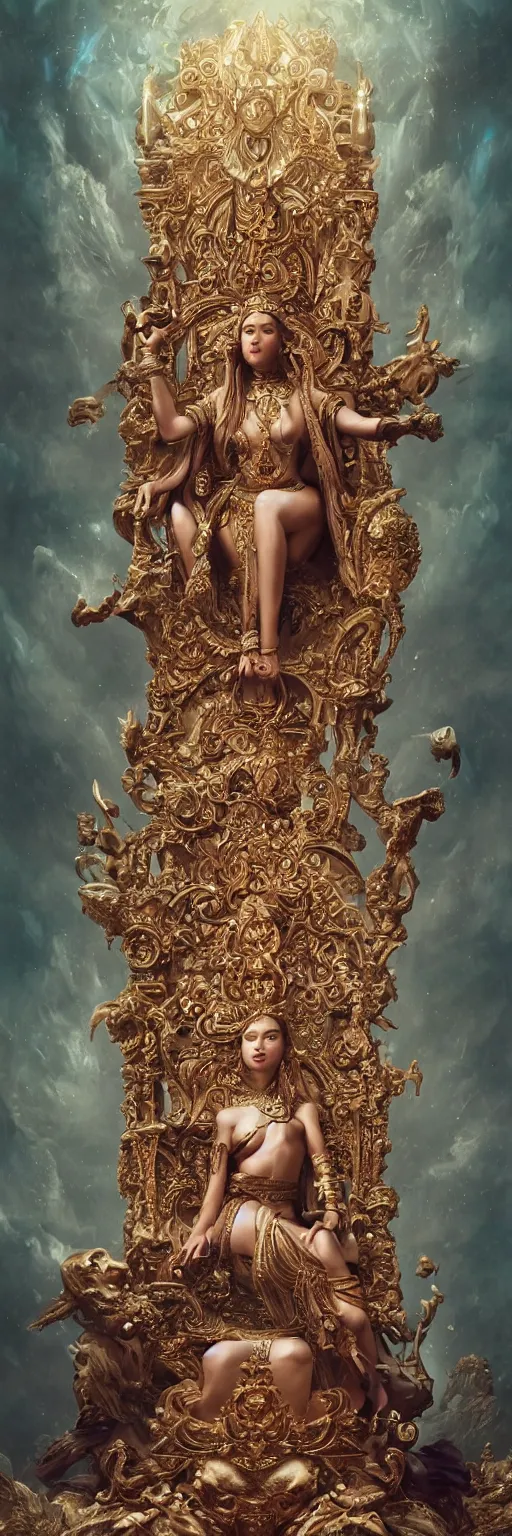 Prompt: goddess on an ornate throne, beautiful, intricate artwork. octane render, trending on artstation, Greg Rutkowski, very coherent, cinematic, hyper realism, high detail, vibrant