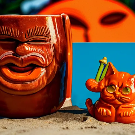 Image similar to a closeup photorealistic photograph of a glossy orange cat garfield style tiki mug sitting at a trader vic's beach bar featuring garfield's face. tiki theme. bright scene. fine detail. this 4 k hd image is trending on artstation, featured on behance, well - rendered, extra crisp, features intricate detail, epic composition and the style of unreal engine.