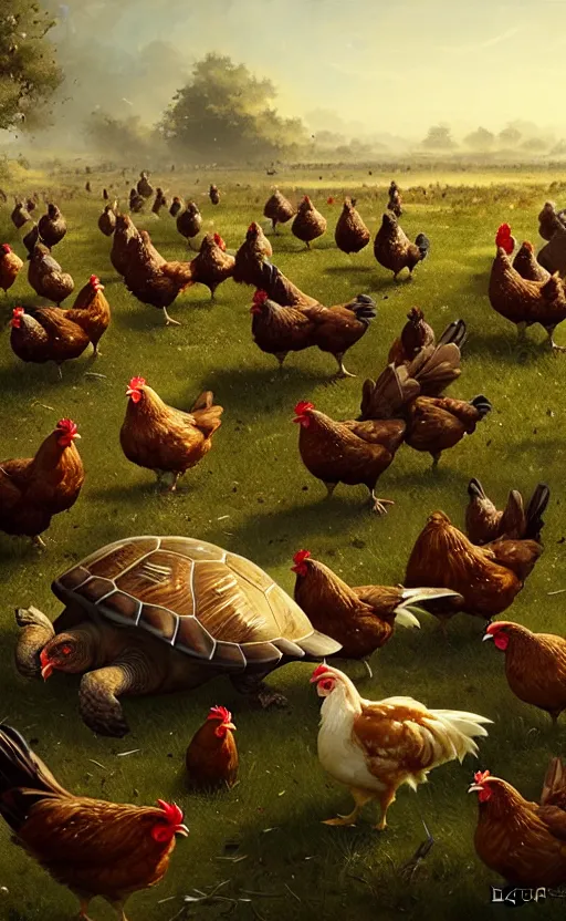 Prompt: war between chickens and turtles, wide angle shot by greg rutkowski