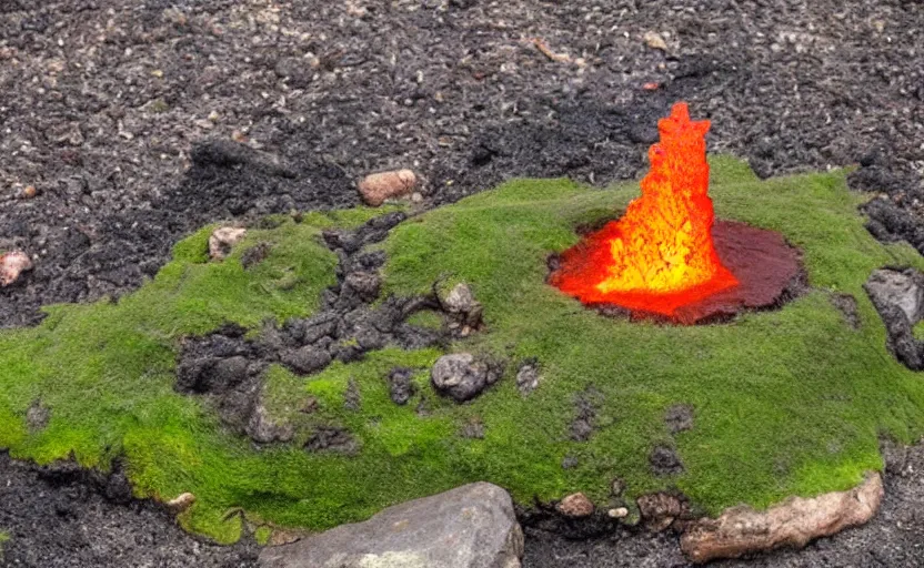 Image similar to miniature volcano erupting with streams of lava in a suburban yard, ground level