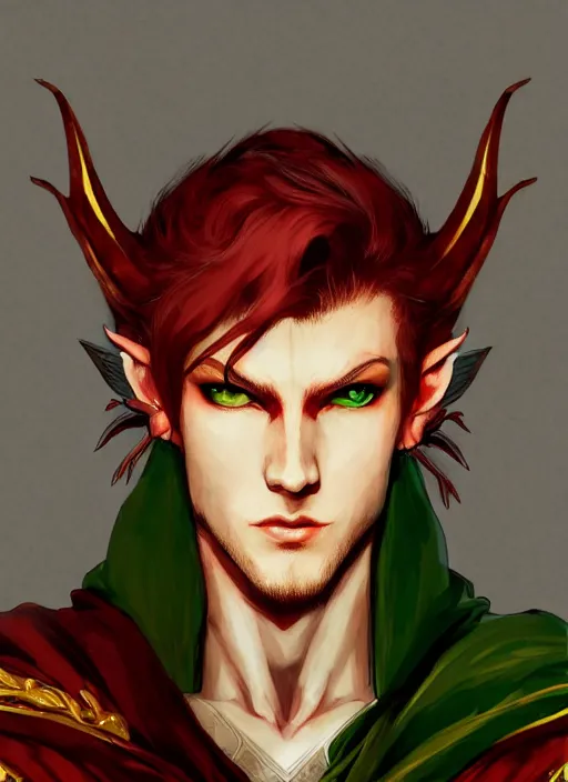 Image similar to Half body portrait of a handsome young red haired elven monk prince with dragon eyes, red, green and gold ornate robe. In style of Yoji Shinkawa and Hyung-tae Kim, trending on ArtStation, dark fantasy, great composition, concept art, highly detailed.