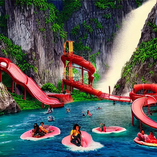 Image similar to halong bay vietnam waterpark with waterslides, digital art, cinematic lighting, epic composition, highly detailed