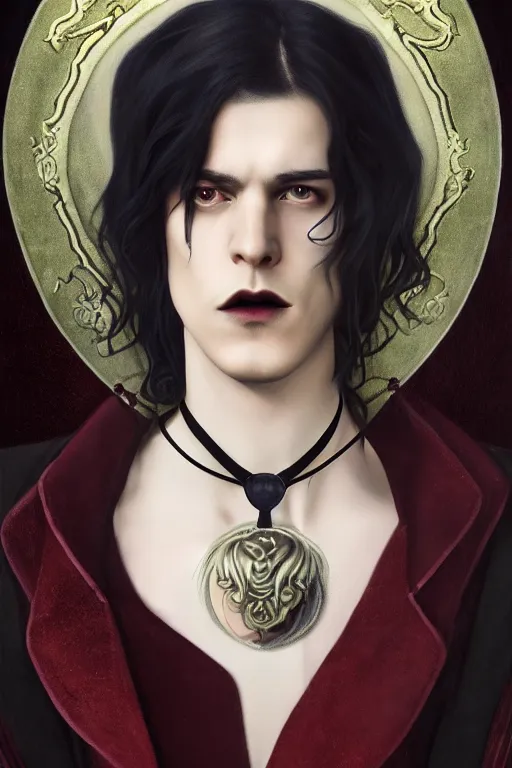 Prompt: a beautiful androgynous man, nordic, long hair, vampire, dressed in velvet, wearing several pendants and a choker, illustration, dramatic lighting, soft details, painting oil on canvas, art nouveau, octane render, HDR, 4k, 8k, HD, by Edmund Blair Leighton, Brom, Charlie Bowater, faces by otto schmidt