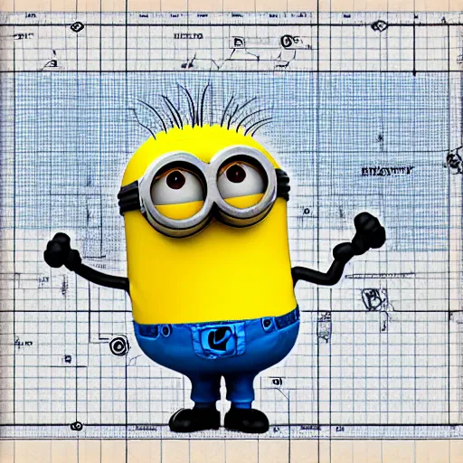 Image similar to anatomy of a minion on a blueprint, intricate detailed,