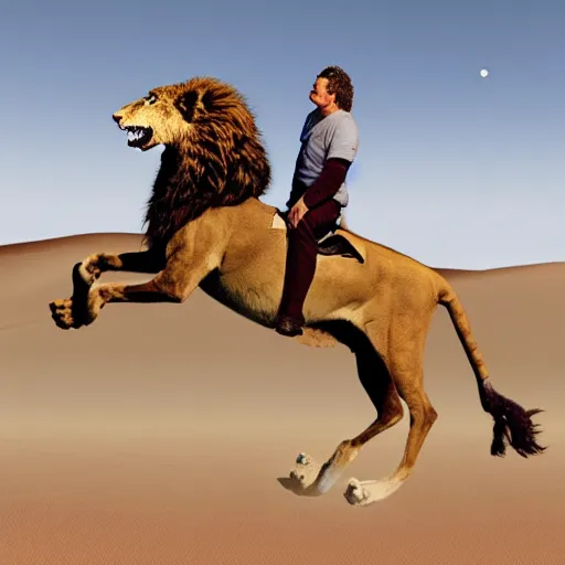 Prompt: bad copy paste photoshop of a man riding a lion in the desert.