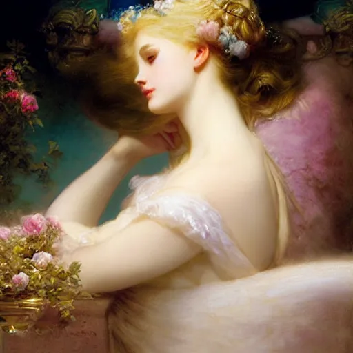 Image similar to blonde beautiful sleeping princess by Franz Xaver Winterhalter and Delphin Enjolras and Rebecca Guay