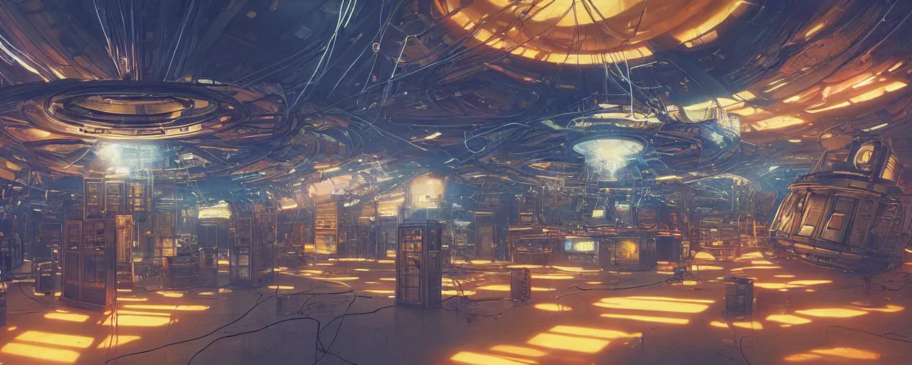 Image similar to interior of the TARDIS , time rotor, thick blue mist, low ceiling, cables hanging from ceiling, thick cables on ground, god rays of light, huge computer screens, neons, saturated top light , epic scene, panoramic, scifi, illustration, art by Juan Giménez and moebius