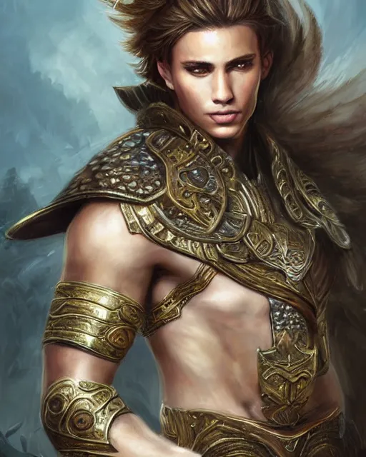 Image similar to a beautiful male warrior, 8 k, hyperrealistic, hyperdetailed, fantasy portrait by laura sava