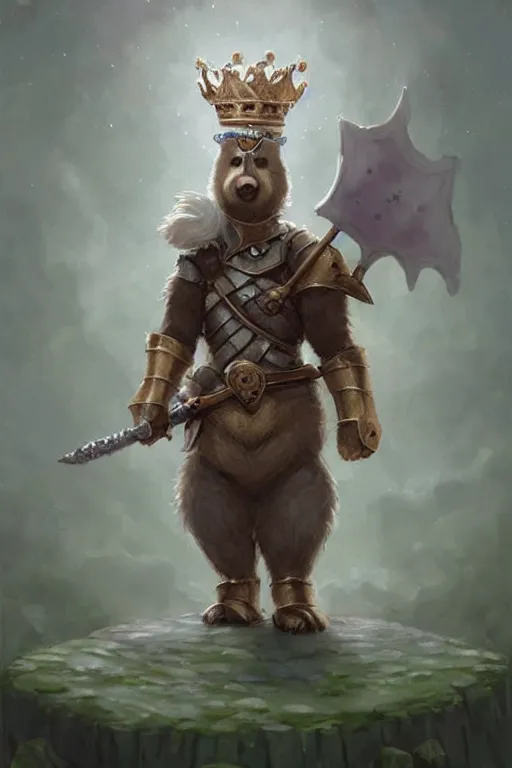 Image similar to cute little anthropomorphic bear knight wearing a cape and a crown, tiny, small, miniature bear, baby animal, short, pale blue armor, cute and adorable, pretty, beautiful, DnD character art portrait, matte fantasy painting, DeviantArt Artstation, by Jason Felix by Steve Argyle by Tyler Jacobson by Peter Mohrbacher, cinematic lighting