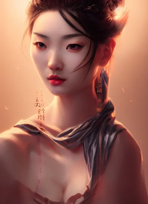 Image similar to beautiful fashion girl in ancient china, strapless dress, character portrait in the style of thomas river and artgerm, wlop, cinematic lighting, hyperdetailed, 8 k realistic, symmetrical, global illumination, radiant light, halo, love and mercy, frostbite 3 engine, cryengine, dof, trending on artstation, digital art, chanel